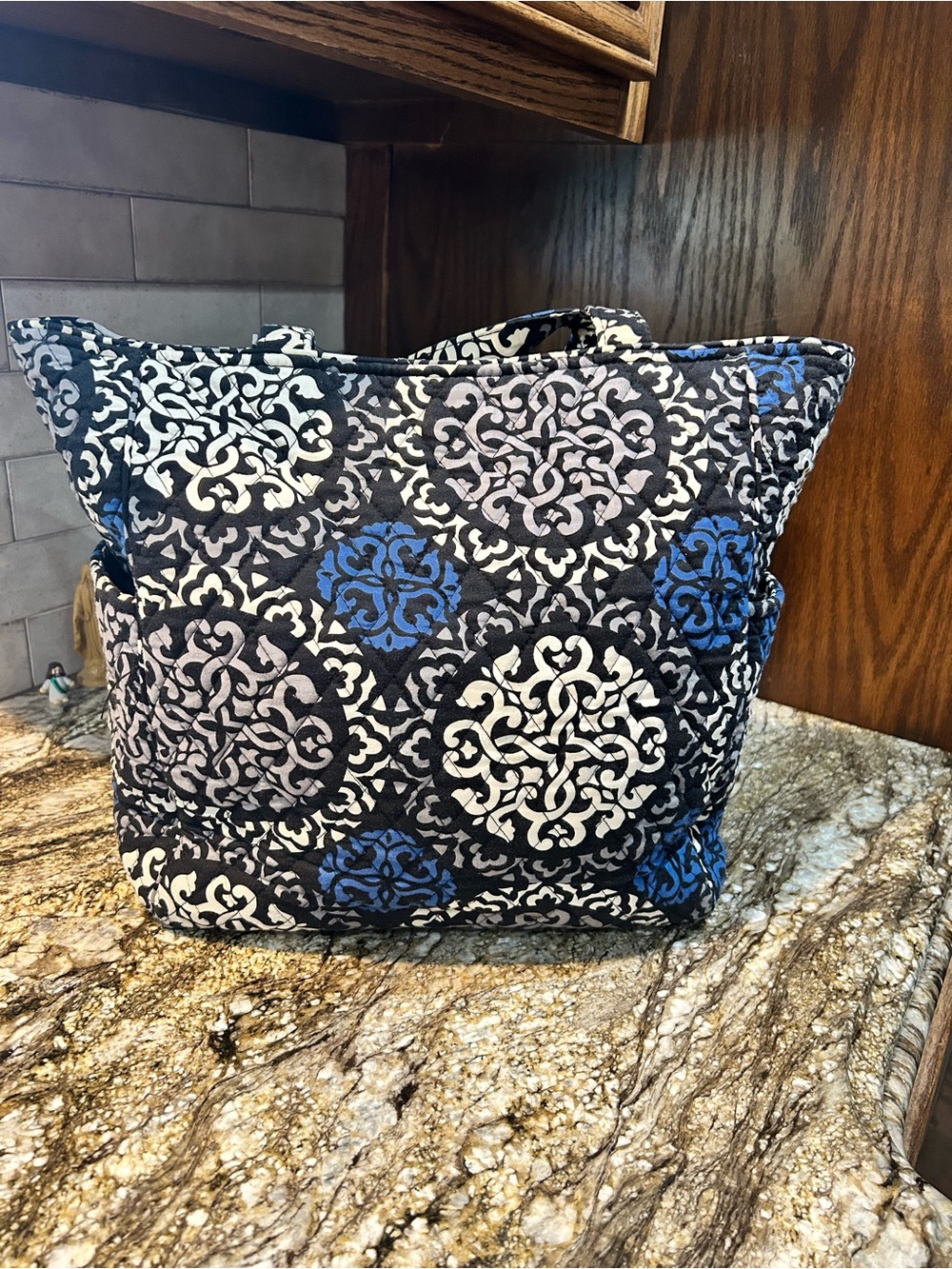 Vera Bradley Quilted Pattern Tote Bag in Black, White & Blue - Picture 3 of 7